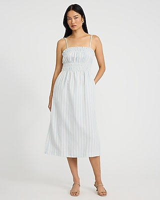 Striped Elastic Waist Sleeveless Midi Dress with Pockets