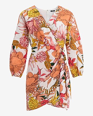 Floral Linen-Blend V-Neck Long Sleeve Tie Wrap Mini Sheath Dress