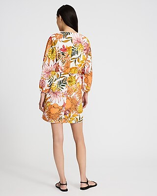 Floral Linen-Blend V-Neck Long Sleeve Tie Wrap Mini Sheath Dress