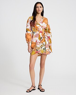 Floral Linen-Blend V-Neck Long Sleeve Tie Wrap Mini Sheath Dress