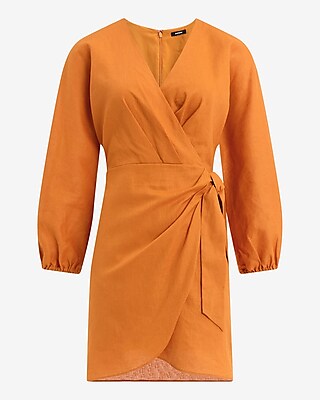 Linen-Blend V-Neck Long Sleeve Tie Wrap Mini Sheath Dress