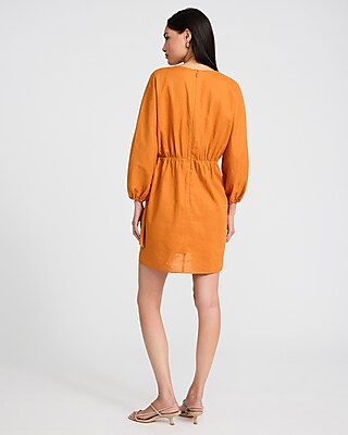 Linen-Blend V-Neck Long Sleeve Tie Wrap Mini Sheath Dress