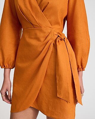 Linen-Blend V-Neck Long Sleeve Tie Wrap Mini Sheath Dress