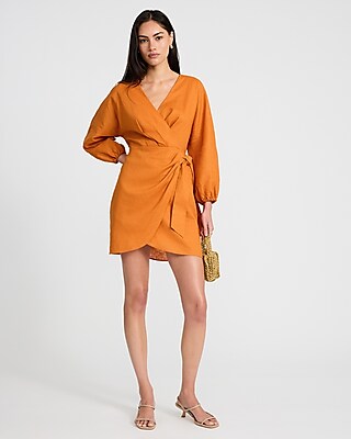 Linen-Blend V-Neck Long Sleeve Tie Wrap Mini Sheath Dress