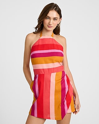 Linen-blend Striped Halter Ruched Romper