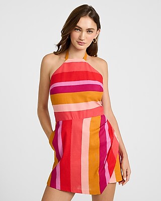 Linen-blend Striped Halter Ruched Romper
