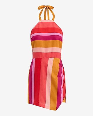 Linen-Blend Striped Halter Ruched Romper