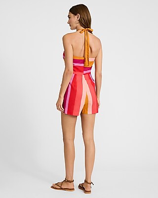 Linen-Blend Striped Halter Ruched Romper