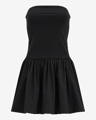 Mixed Media Strapless Drop Waist Bubble Hem Mini Dress with Pockets