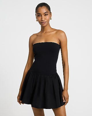Mixed Media Strapless Drop Waist Bubble Hem Mini Dress with Pockets