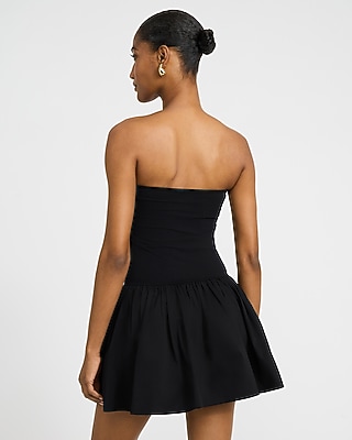 Mixed Media Strapless Drop Waist Bubble Hem Mini Dress with Pockets