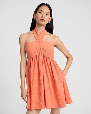 Crinkle Striped Tie Halter Mini Dress