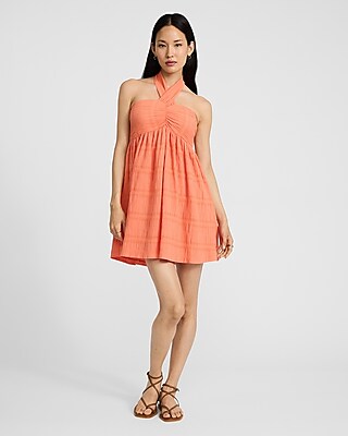 Crinkle Striped Tie Halter Mini Dress