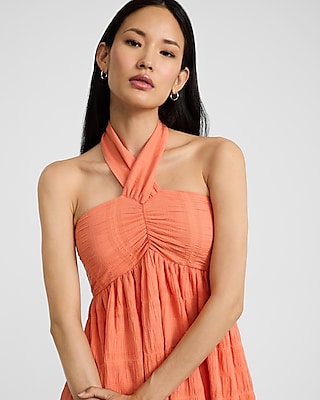 Crinkle Striped Tie Halter Mini Dress