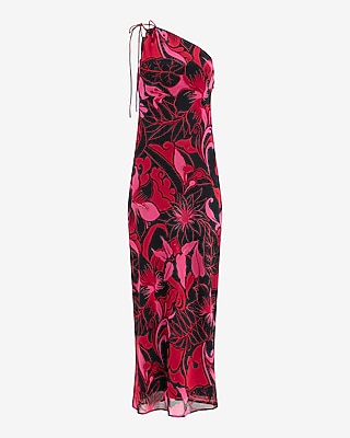 Chiffon Printed Tie One Shoulder Maxi Dress | Express
