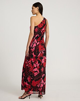 open lace back dress Floral Print Chiffon Gown with One Shoulder Neckline in Black Blush Multi main image 1
