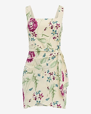 Floral Linen-Blend Wrap Tie Smocked Back Mini Sheath Dress