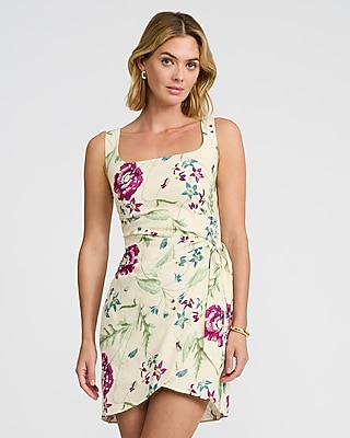 Floral Linen-Blend Wrap Tie Smocked Back Mini Sheath Dress