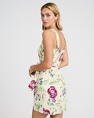 Floral Linen-Blend Wrap Tie Smocked Back Mini Sheath Dress