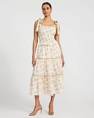 Printed Smocked Tie Strap Tiered Ruffle Midi Dress With Pockets | Express