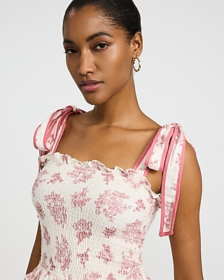 Printed Smocked Tie Strap Tiered Ruffle Midi Dress with Pockets