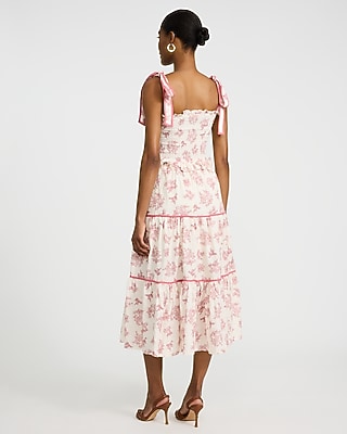 Printed Smocked Tie Strap Tiered Ruffle Midi Dress with Pockets