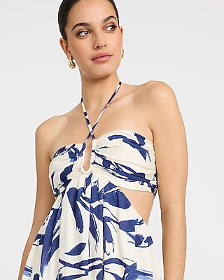 Printed Tie Halter Neck Cutout Smocked Back Maxi Dress - image 2