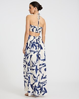 Printed Tie Halter Neck Cutout Smocked Back Maxi Dress - image 3