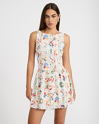 Linen-Blend Printed Boat Neck Drop Waist Mini Dress