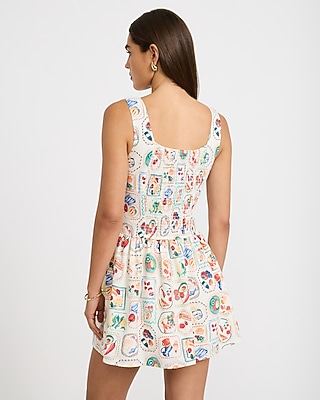 Linen-Blend Printed Boat Neck Drop Waist Mini Dress