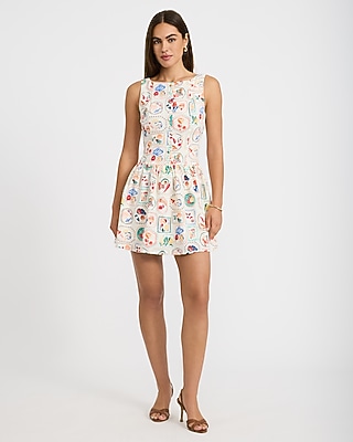 Linen-Blend Printed Boat Neck Drop Waist Mini Dress