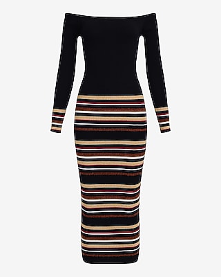 Striped Off The Shoulder Long Sleeve Maxi Sweater Dress