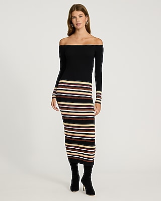 Striped Off The Shoulder Long Sleeve Maxi Sweater Dress