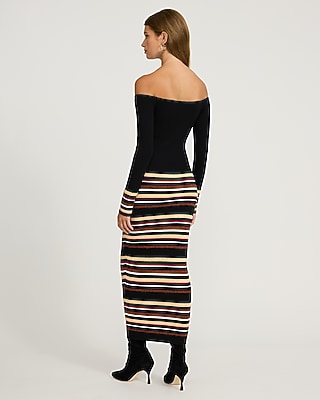 Striped Off The Shoulder Long Sleeve Maxi Sweater Dress