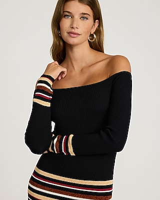 Striped Off The Shoulder Long Sleeve Maxi Sweater Dress