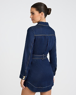 Denim Long Sleeve Button Front Tie Waist Mini Dress