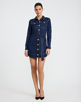 Denim Long Sleeve Button Front Tie Waist Mini Dress