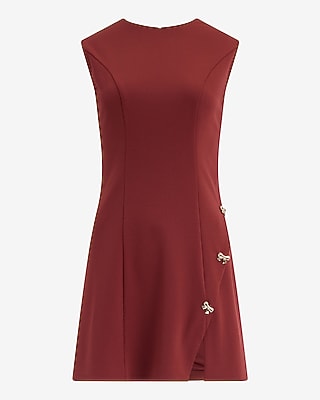 Crepe Crew Neck Bow Button Mini Dress