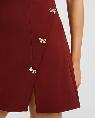 Crepe Crew Neck Bow Button Mini Dress