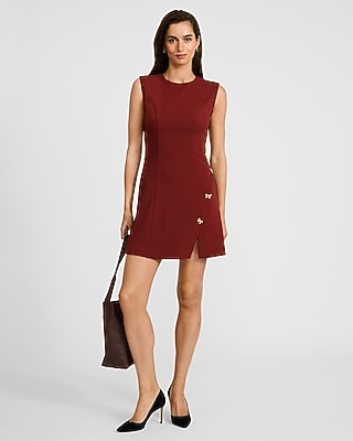 Crepe Crew Neck Bow Button Mini Dress
