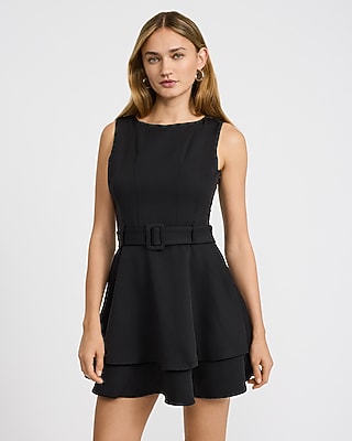 Crepe Crew Neck Seamed Belted Tiered Mini Dress