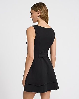 Crepe Crew Neck Seamed Belted Tiered Mini Dress