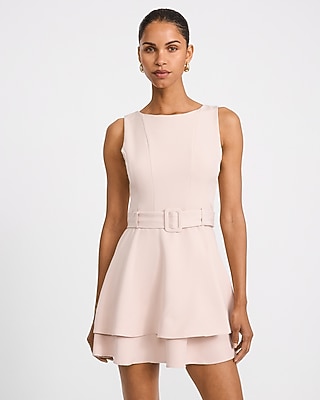 Crepe Crew Neck Seamed Belted Tiered Mini Dress | Express