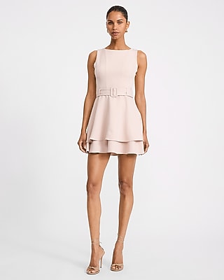 Crepe Crew Neck Seamed Belted Tiered Mini Dress | Express