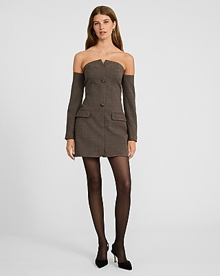 Houndstooth Off The Shoulder Mini Blazer Dress With Pockets | Express