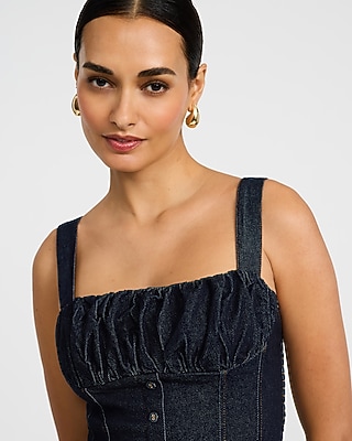 Denim Square Neck Corset Button Front Smocked Back Mini Dress