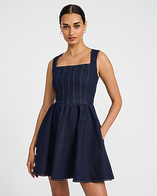 Denim Square Neck Sleeveless Mini Fit and Flare Dress with Pockets