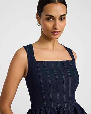 Denim Square Neck Sleeveless Mini Fit and Flare Dress with Pockets
