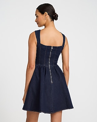 Denim Square Neck Sleeveless Mini Fit and Flare Dress with Pockets