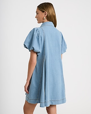 Denim Collared Puff Sleeve Button Front Mini Dress